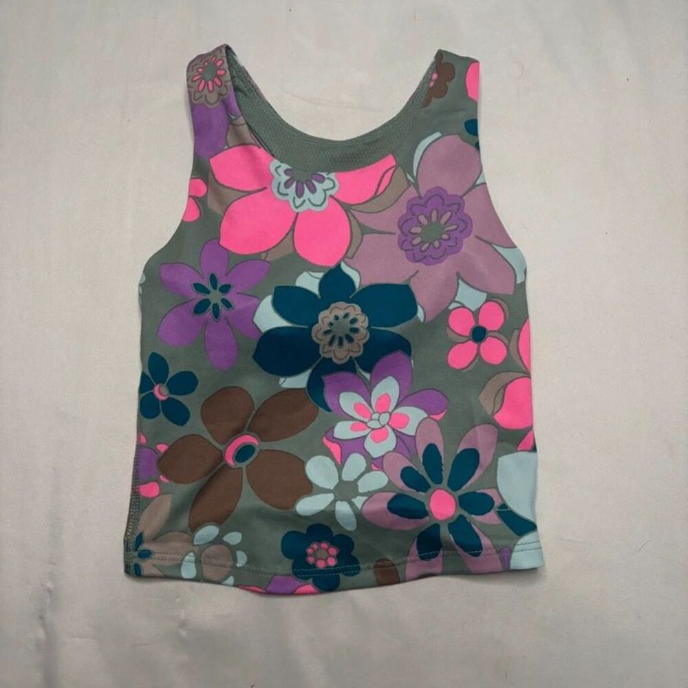Girls Floral Print Racerback Tank Top | Gray Pink Purple Flower Tank